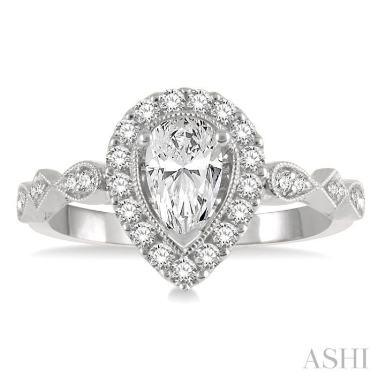 3/4 Ctw Carved Shank Round Cut Diamond Engagement Ring With 3/8 Ct Pear Cut Center Stone in 14K White Gold