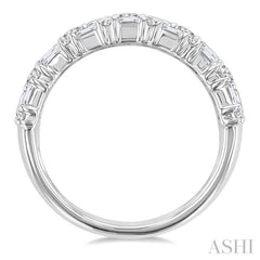 1 1/2 Ctw Triple Row Emerald, Baguette and Round Cut Diamond Fashion Band in 14K White Gold