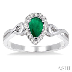 6x4 MM Pear Shape Emerald and 1/10 Ctw Round Cut Diamond Ring in 10K White Gold