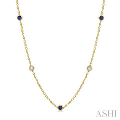 2.85 MM Sapphire and 1/2 Ctw Round Cut Diamond Precious Station Necklace in 14K Yellow Gold