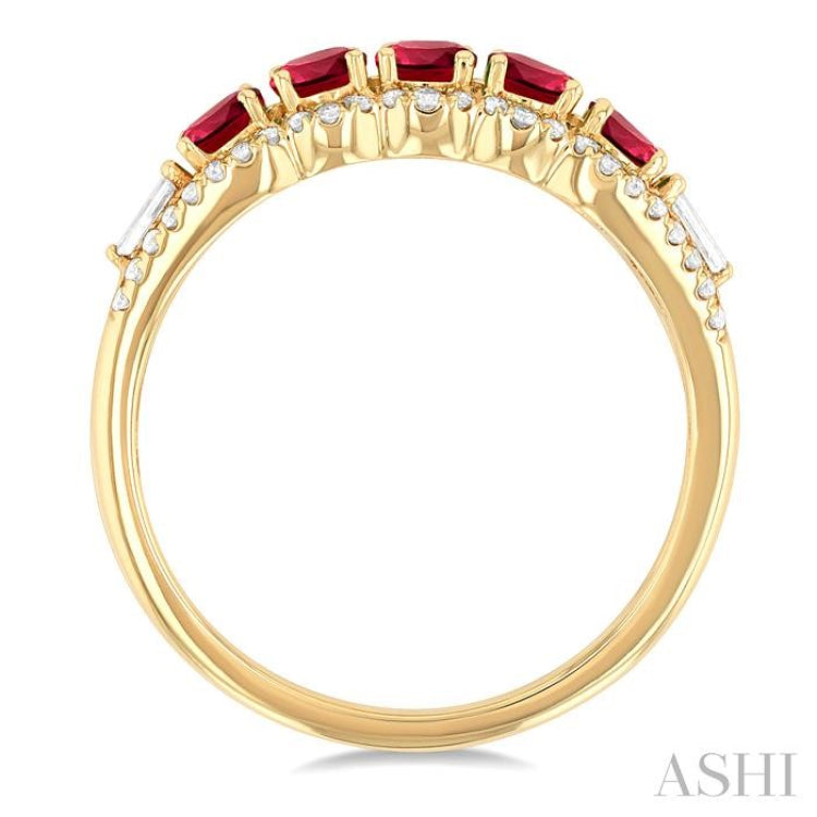 3.1 MM Round Ruby and 1/4 Ctw Baguette and Single Cut Diamond 5-Stone Precious Ring in 14K Yellow Gold