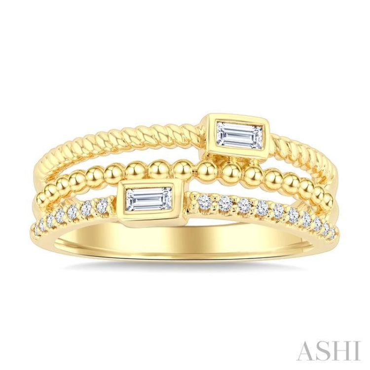 1/5 Ctw Triple Row Baguette and Round Cut Bead Bijoux Diamond Fashion Band in 10K Yellow Gold