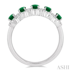 4x3 MM Oval Cut Emerald and 1/3 Ctw Round Cut Diamond Precious Wedding Band in 14K White Gold