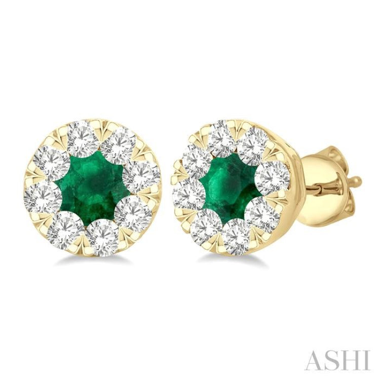 3.3 MM Emerald and 1/2 Ctw Round Cut Diamond Lovebright Precious Stud Earrings in 14K Yellow Gold