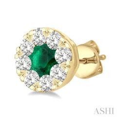 3.3 MM Emerald and 1/2 Ctw Round Cut Diamond Lovebright Precious Stud Earrings in 14K Yellow Gold