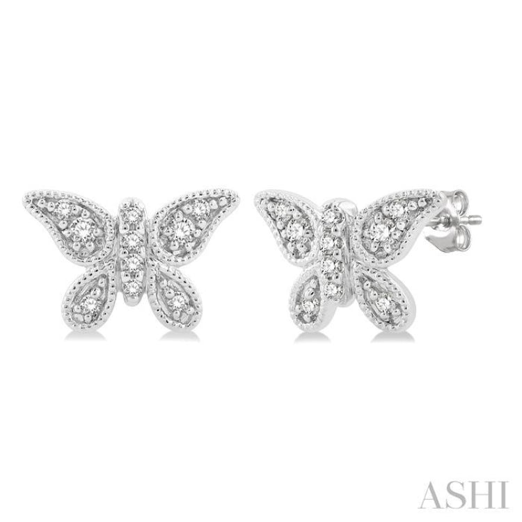 1/10 Ctw Petite Milgrain Butterfly Round Cut Diamond Fashion Stud Earrings in 10K White Gold