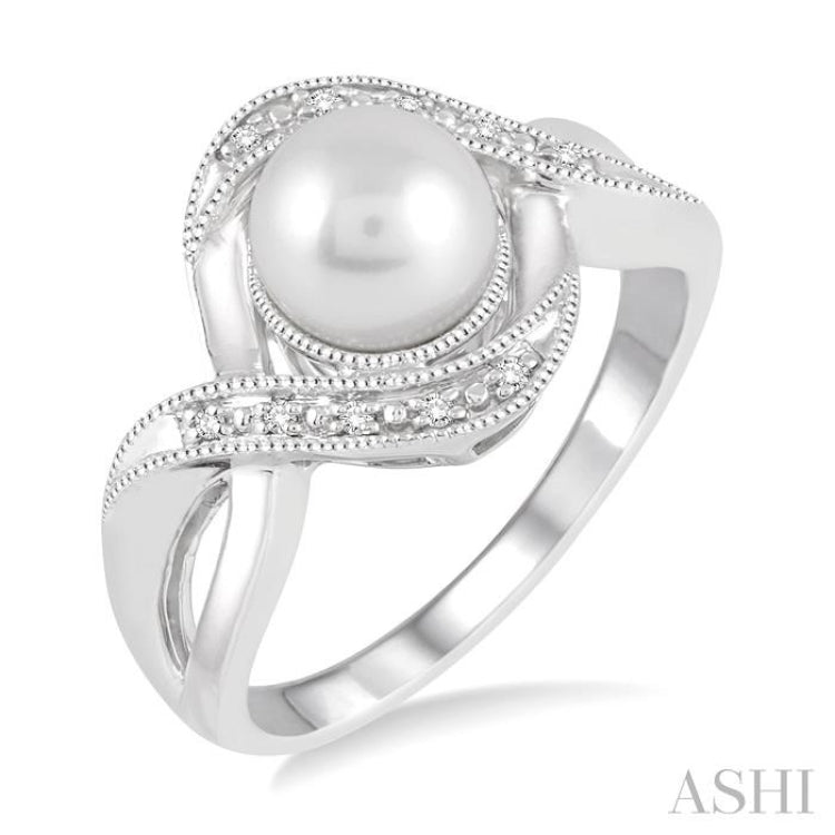 7X7 MM Round Shape Cultured Pearl and 1/20 Ctw Round Cut Diamond Ring in Sterling Silver