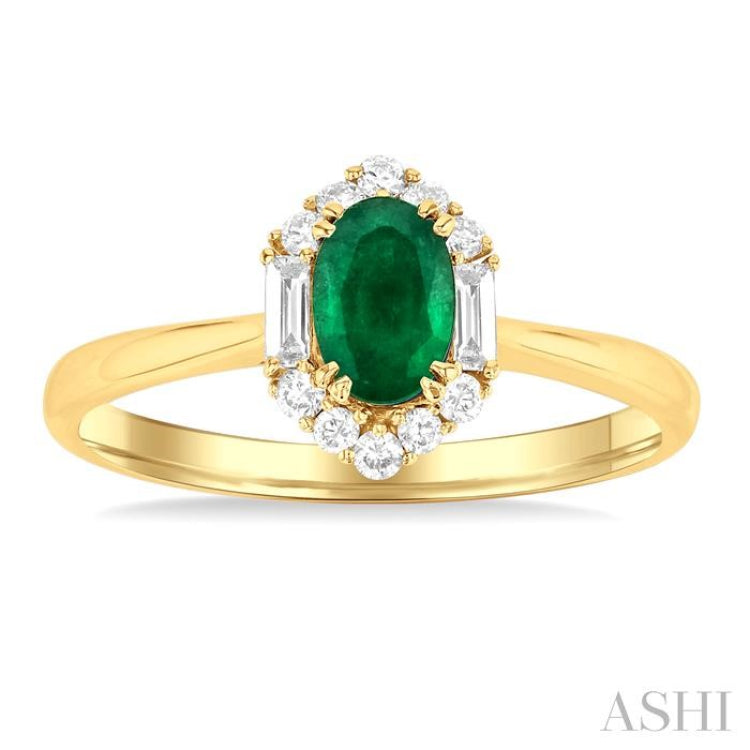 6x4 MM Oval Cut Emerald and 1/5 Ctw Baguette & Round Cut Diamond Hexagon Shape Halo Precious Ring in 10K Yellow Gold