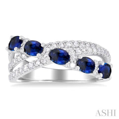 4x3 MM Oval Cut Sapphire and 1/2 Ctw Single Cut Diamond Split Criss-Cross Precious Band in 14K White Gold