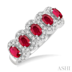 4x3 MM Oval Cut Ruby and 1/3 Ctw Round Cut Diamond Precious Wedding Band in 14K White Gold
