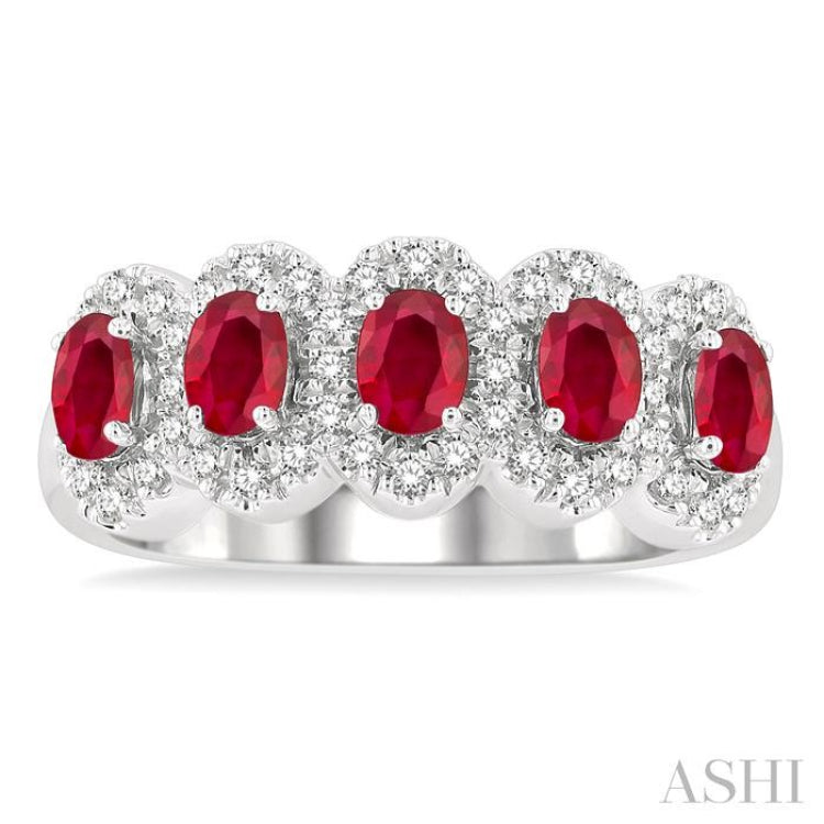 4x3 MM Oval Cut Ruby and 1/3 Ctw Round Cut Diamond Precious Wedding Band in 14K White Gold