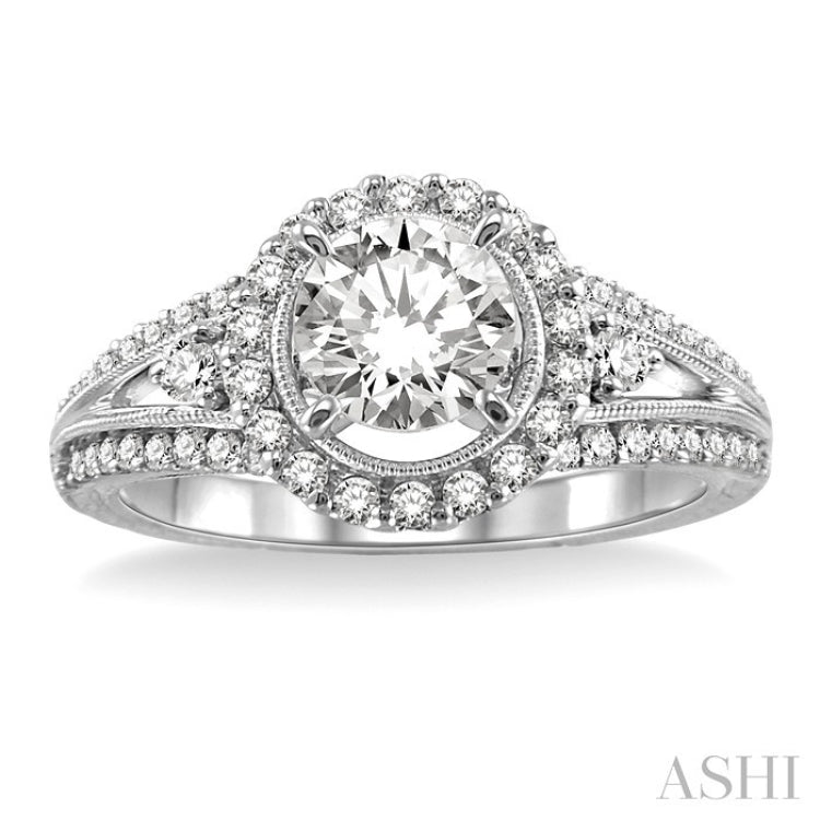1 Ctw Diamond Engagement Ring with 1/2 Ct Round Cut Center Stone in 14K White Gold