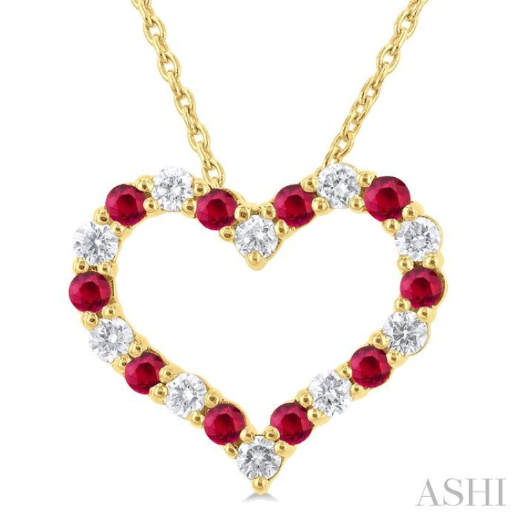 1.80 MM Round Cut Ruby and 1/4 Ctw Open Heart Round Cut Diamond Precious Fashion Pendant With Chain in 14K Yellow Gold