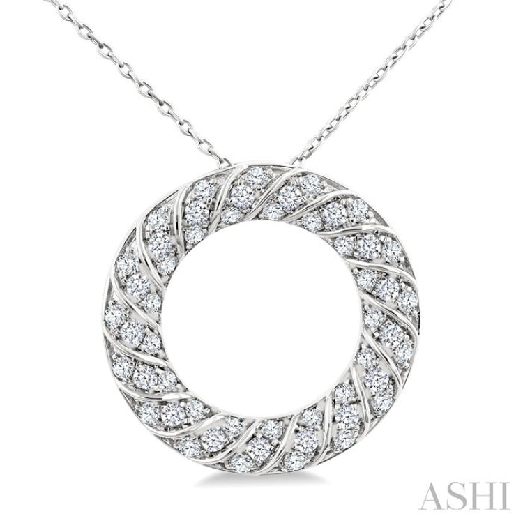 1/2 Ctw Ribbed Swirl Circle Round Cut Diamond Pirouette Fashion Pendant With Chain in 14K White Gold