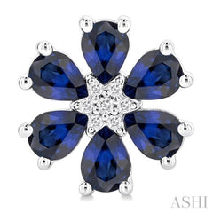 4X3 MM Floral Blossom Pear Cut Sapphire and 1/20 Ctw Round Cut Diamond Precious Stud Earring in 14K White Gold