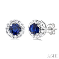3.25 MM Round Sapphire and 1/10 Ctw Single Cut Diamond Halo Precious Stud Earrings in 14K White Gold