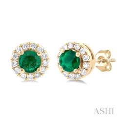 3.25 MM Round Emerald and 1/10 Ctw Single Cut Diamond Halo Precious Stud Earrings in 10K Yellow Gold