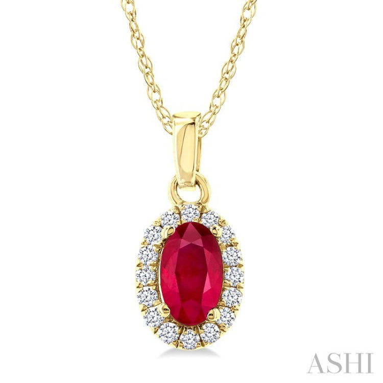 5x3 MM Oval Shape Ruby and 1/20 Ctw Round Cut Diamond Halo Precious Pendant with Chain in 10K Yellow Gold