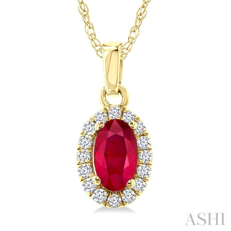 5x3 MM Oval Shape Ruby and 1/20 Ctw Round Cut Diamond Halo Precious Pendant with Chain in 10K Yellow Gold