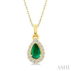 5x3 MM Pear Shape Emerald and 1/20 Ctw Single Cut Diamond Halo Precious Pendant with Chain in 10K Yellow Gold