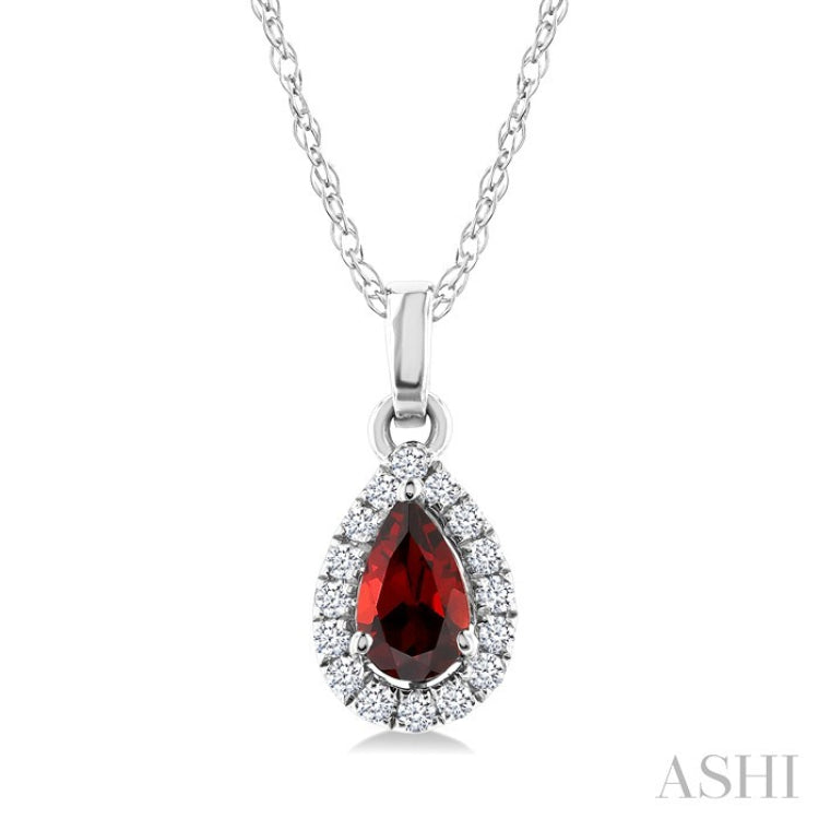 5x3 MM Pear Shape Garnet and 1/20 Ctw Round Cut Diamond Halo Semi-Precious Pendant with Chain in 10K White Gold