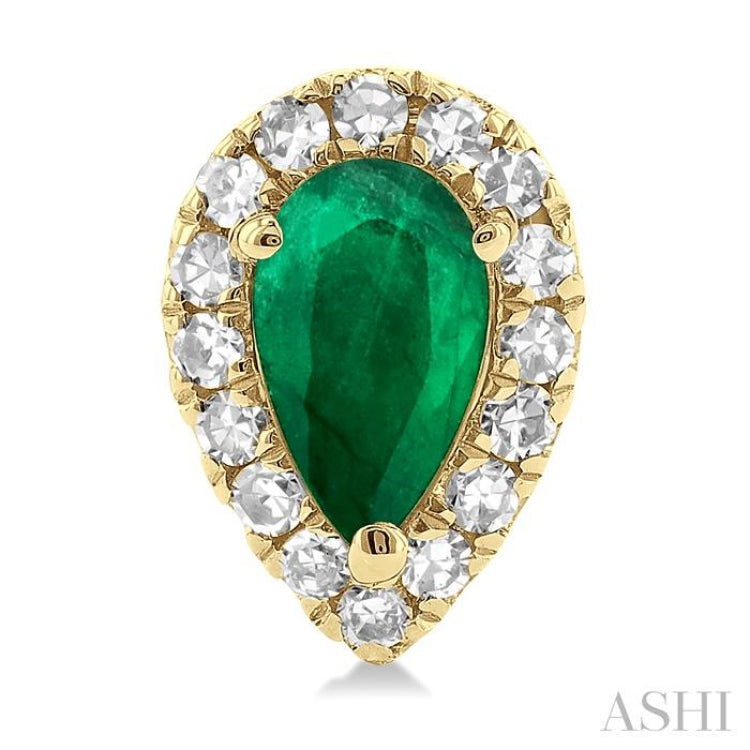 5x3 MM Pear Shape Emerald and 1/8 Ctw Single Cut Diamond Halo Precious Stud Earrings in 10K Yellow Gold