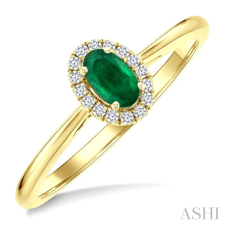 5x3 MM Oval Shape Emerald and 1/20 Ctw Round Cut Diamond Halo Precious Ring in 10K Yellow Gold