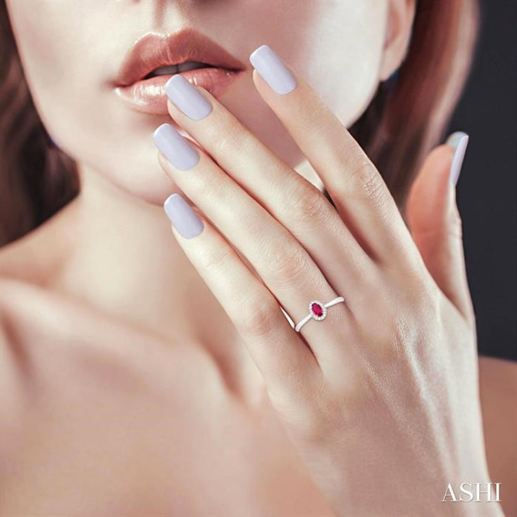 5x3 MM Oval Shape Ruby and 1/20 Ctw Single Cut Diamond Halo Precious Ring in 10K White Gold