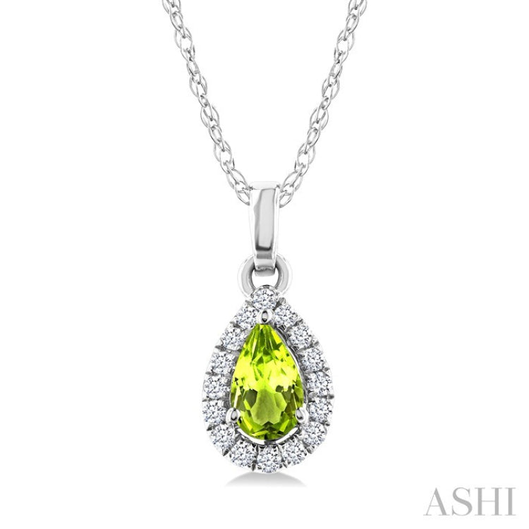 5x3 MM Pear Shape Peridot and 1/20 Ctw Round Cut Diamond Halo Semi-Precious Pendant with Chain in 10K White Gold