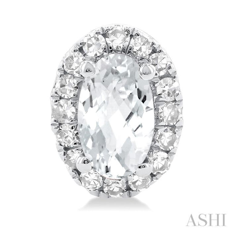 5x3 MM Oval Shape White Topaz and 1/8 Ctw Single Cut Diamond Halo Semi-Precious Stud Earrings in 14K White Gold