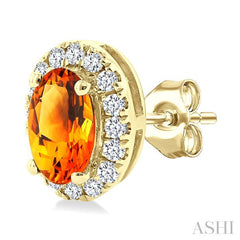 5x3 MM Oval Shape Citrine and 1/8 Ctw Round Cut Diamond Halo Semi-Precious Stud Earrings in 10K Yellow Gold