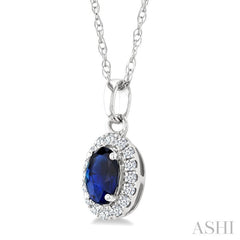 5x3 MM Oval Shape Sapphire and 1/20 Ctw Round Cut Diamond Halo Precious Pendant with Chain in 14K White Gold