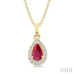 5x3 MM Pear Shape Ruby and 1/20 Ctw Round Cut Diamond Halo Precious Pendant with Chain in 10K Yellow Gold