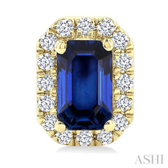 5x3 MM Octagonal Shape Sapphire and 1/8 Ctw Round Cut Diamond Halo Precious Stud Earrings in 14K Yellow Gold