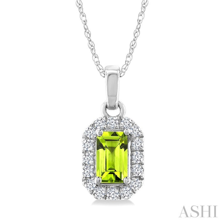 5x3 MM Octagonal Shape Peridot and 1/20 Ctw Round Cut Diamond Halo Semi-Precious Pendant with Chain in 10K White Gold