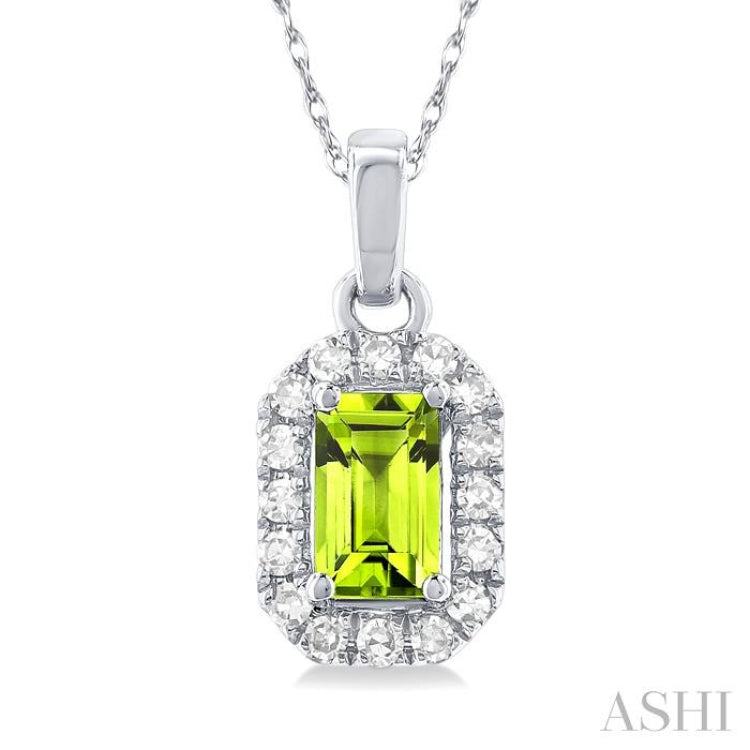 5x3 MM Octagonal Shape Peridot and 1/20 Ctw Single Cut Diamond Halo Semi-Precious Pendant with Chain in 10K White Gold