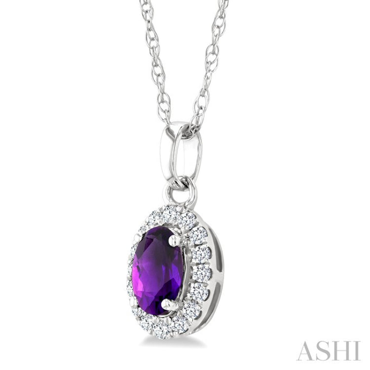 5x3 MM Oval Shape Amethyst and 1/20 Ctw Round Cut Diamond Halo Semi-Precious Pendant with Chain in 14K White Gold