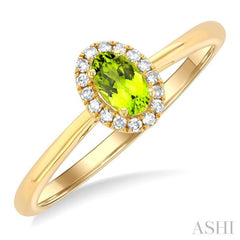 5x3 MM Oval Shape Peridot and 1/20 Ctw Single Cut Diamond Halo Semi-Precious Ring in 10K Yellow Gold