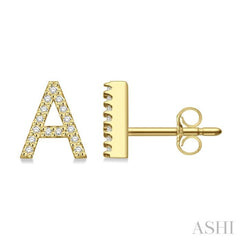 1/10 Ctw Initial 'A' Round Cut Diamond Earrings in 10K Yellow Gold