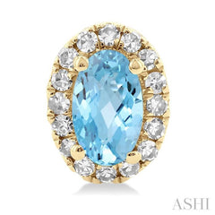 5x3 MM Oval Shape Aquamarine and 1/8 Ctw Single Cut Diamond Halo Semi-Precious Stud Earrings in 14K Yellow Gold