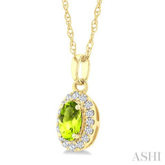 5x3 MM Oval Shape Peridot and 1/20 Ctw Round Cut Diamond Halo Semi-Precious Pendant with Chain in 10K Yellow Gold