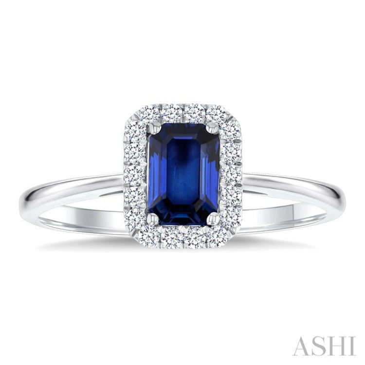6x4 MM Octagonal Shape Sapphire and 1/6 Ctw Round Cut Diamond Halo Precious Ring in 14K White Gold