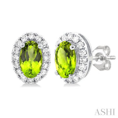 5x3 MM Oval Shape Peridot and 1/8 Ctw Single Cut Diamond Halo Semi-Precious Stud Earrings in 14K White Gold