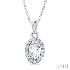 5x3 MM Oval Shape White Topaz and 1/20 Ctw Round Cut Diamond Halo Semi-Precious Pendant with Chain in 10K White Gold
