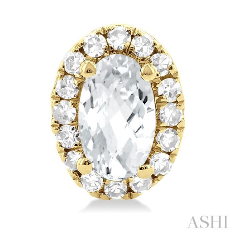 5x3 MM Oval Shape White Topaz and 1/8 Ctw Single Cut Diamond Halo Semi-Precious Stud Earrings in 10K Yellow Gold
