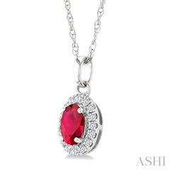 5x3 MM Oval Shape Ruby and 1/20 Ctw Round Cut Diamond Halo Precious Pendant with Chain in 10K White Gold