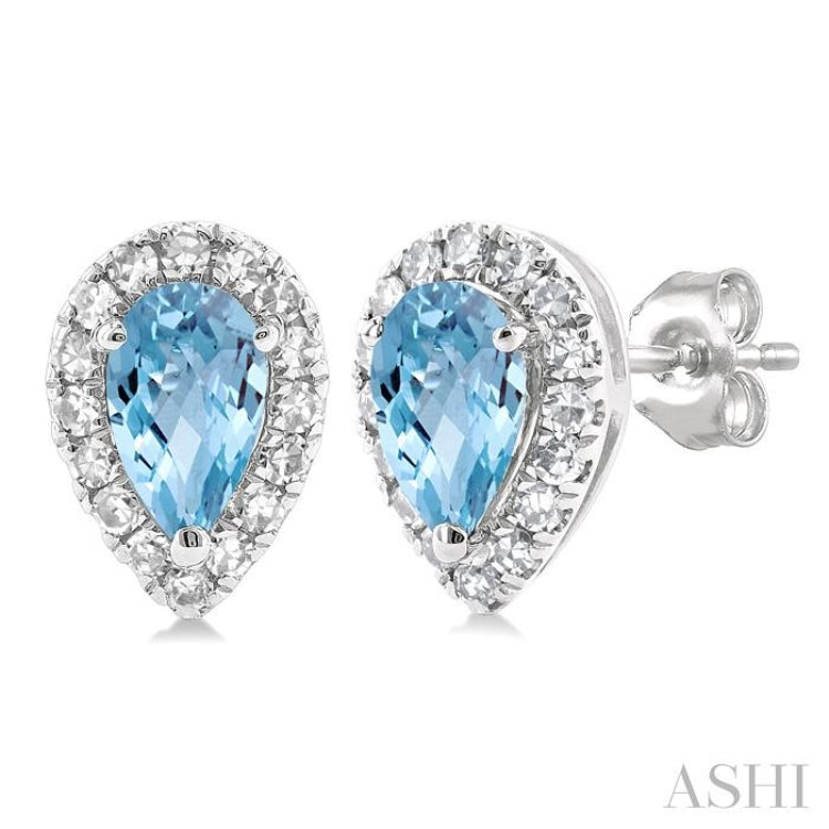 5x3 MM Pear Shape Aquamarine and 1/8 Ctw Single Cut Diamond Halo Semi-Precious Stud Earrings in 14K White Gold