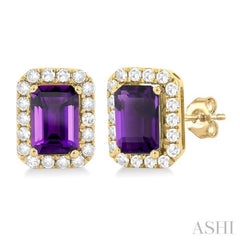 6x4 MM Octagonal Shape Amethyst and 1/4 Ctw Round Cut Diamond Halo Semi-Precious Stud Earrings in 10K Yellow Gold