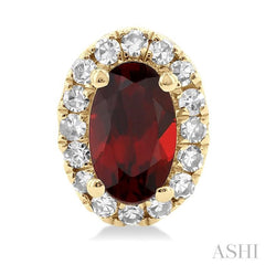 5x3 MM Oval Shape Garnet and 1/8 Ctw Single Cut Diamond Halo Semi-Precious Stud Earrings in 14K Yellow Gold