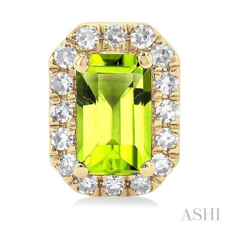 5x3 MM Octagonal Shape Peridot and 1/8 Ctw Single Cut Diamond Halo Semi-Precious Stud Earrings in 14K Yellow Gold
